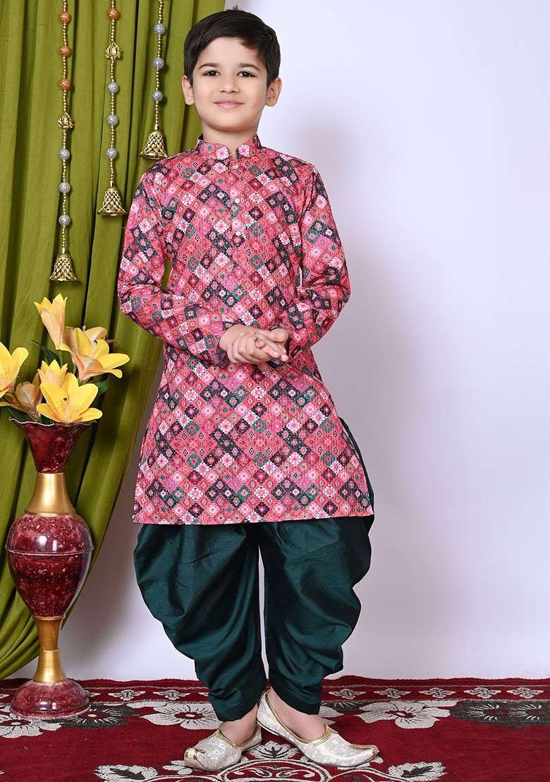 Pink Embroidered Blended Kurta Set For Boys - Indya