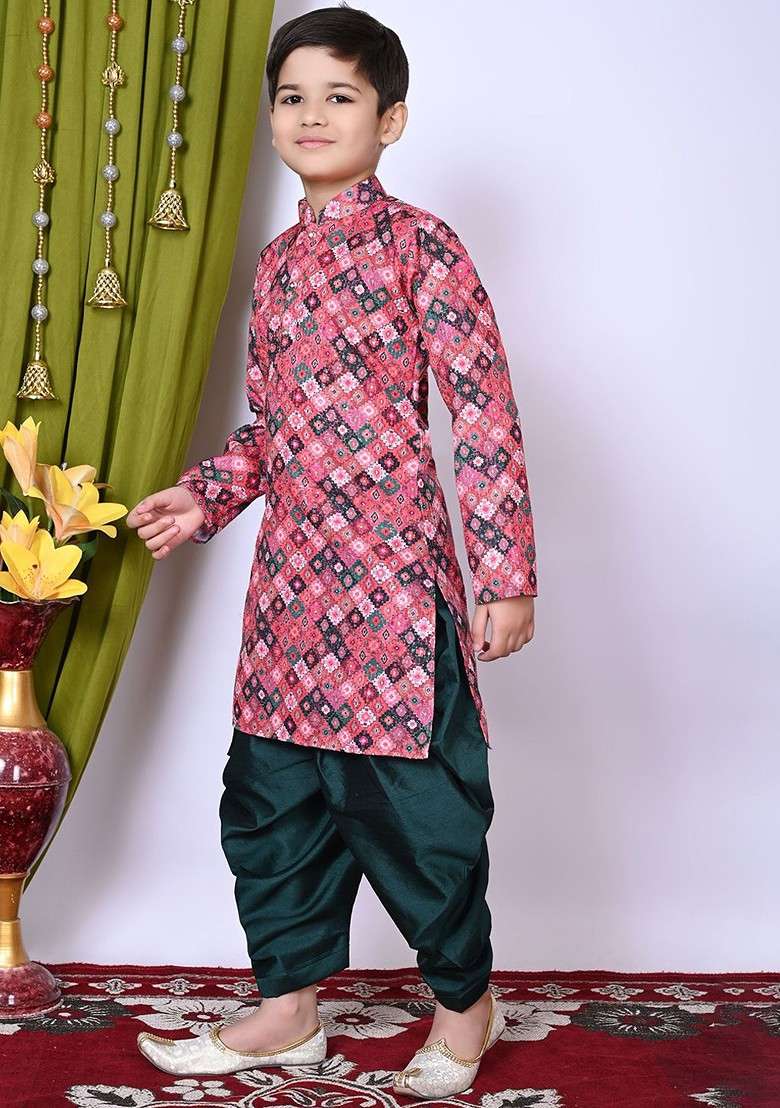Pink Embroidered Blended Kurta Set For Boys - Indya