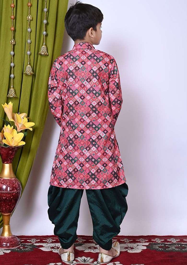 Pink Embroidered Blended Kurta Set For Boys - Indya