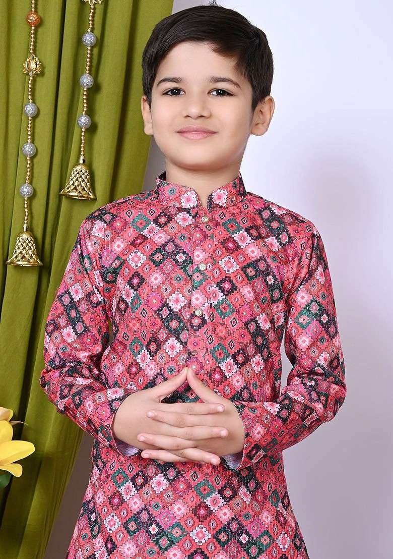 Pink Embroidered Blended Kurta Set For Boys - Indya