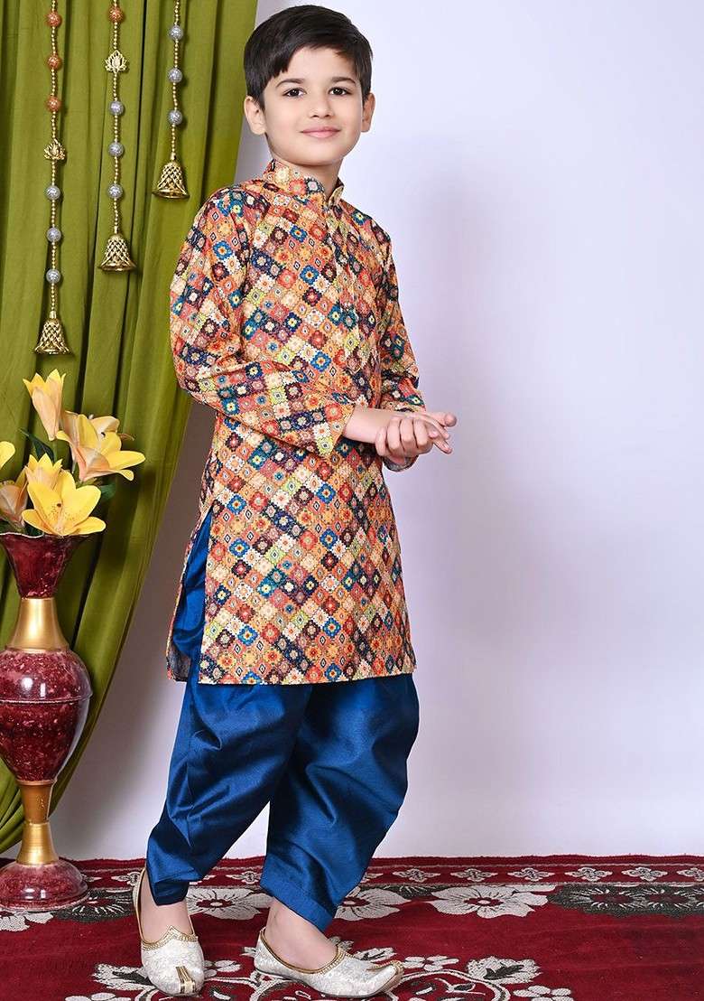 Brown Embroidered Blended Kurta Set For Boys - Indya