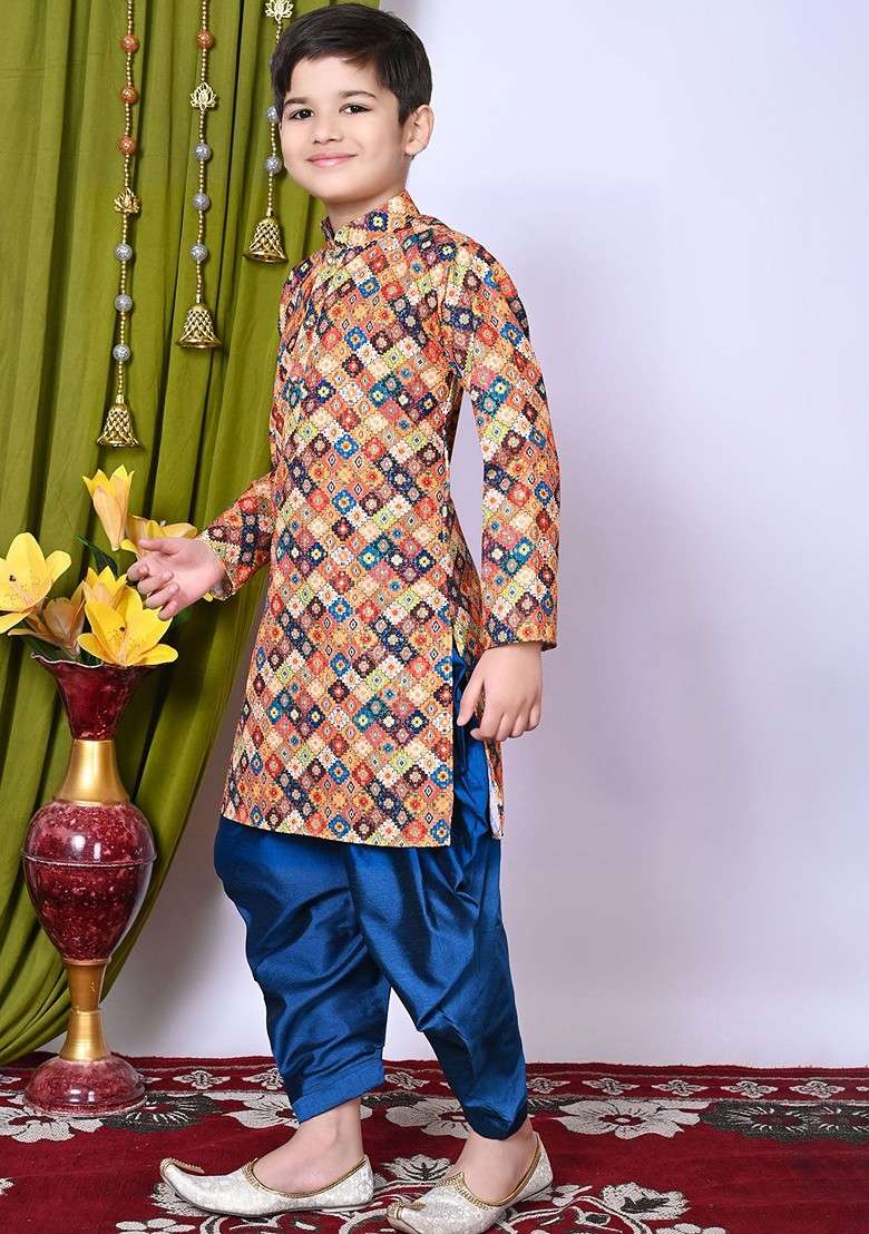 Brown Embroidered Blended Kurta Set For Boys - Indya