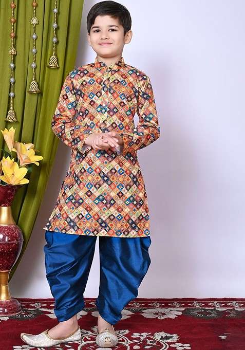 Brown Embroidered Blended Kurta Set For Boys