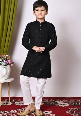 Black Embroidered Blended Kurta Set For Boys