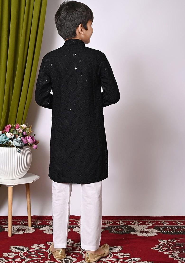 Black Embroidered Blended Kurta Set For Boys - Indya