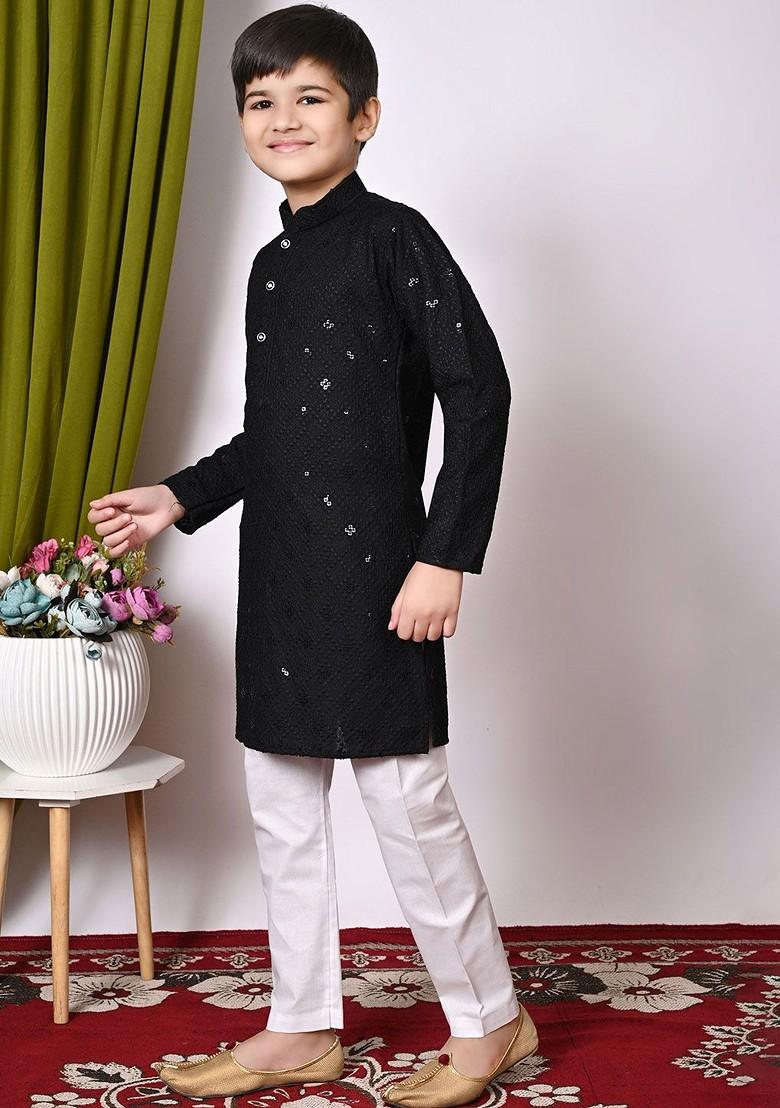 Black Embroidered Blended Kurta Set For Boys - Indya