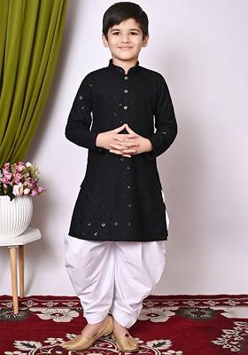 Black Embroidered Blended Kurta Set For Boys