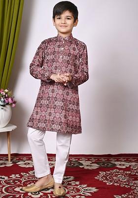 Brown Embroidered Blended Kurta Set For Boys