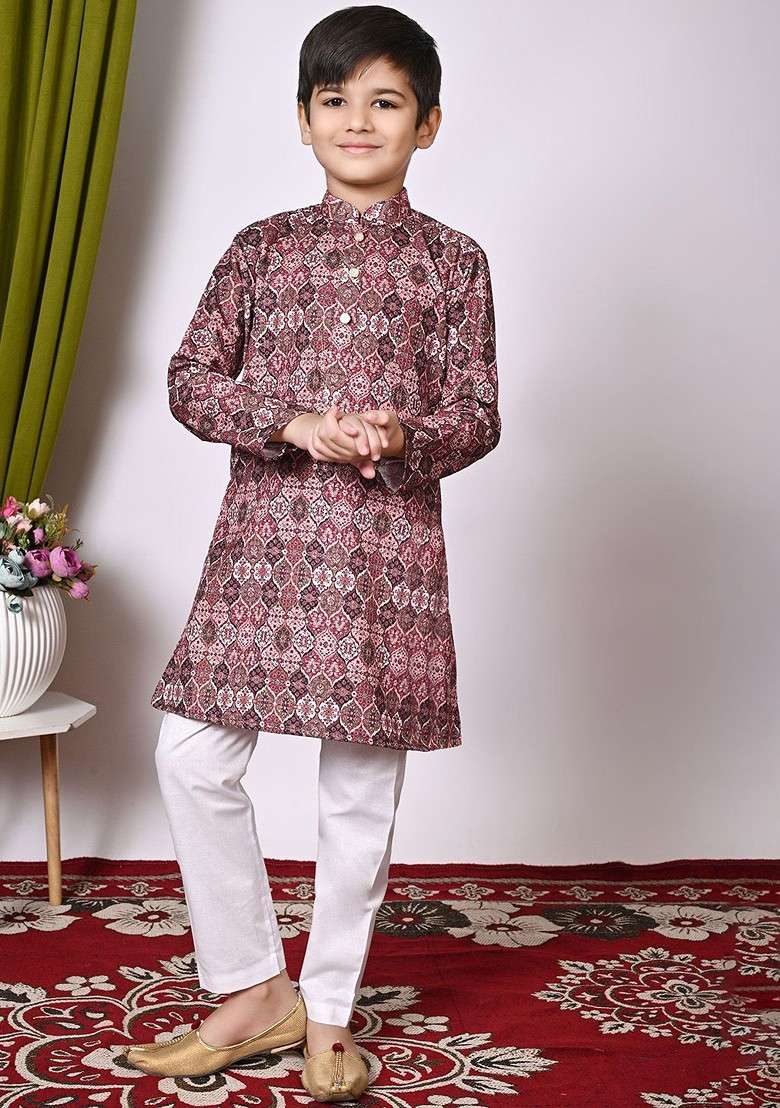 Brown Embroidered Blended Kurta Set For Boys - Indya