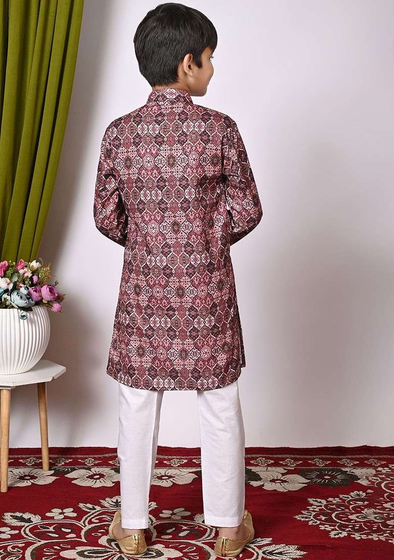 Brown Embroidered Blended Kurta Set For Boys - Indya