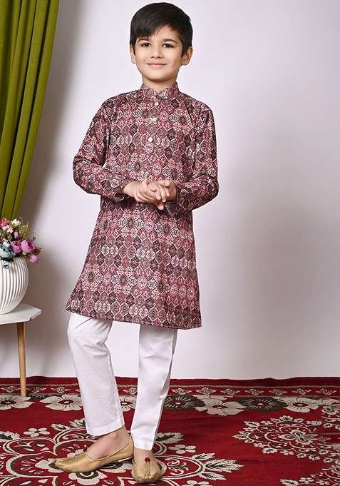 Brown Embroidered Blended Kurta Set For Boys