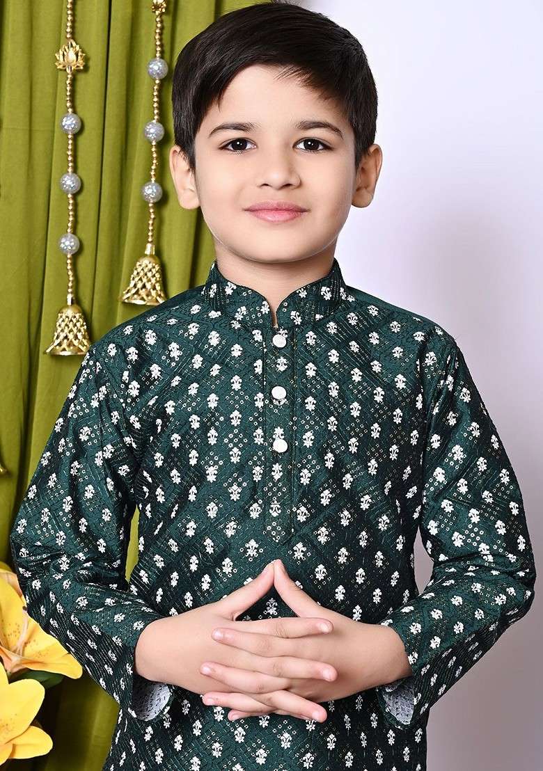 Green Printed Silk Kurta Set For Boys - Indya
