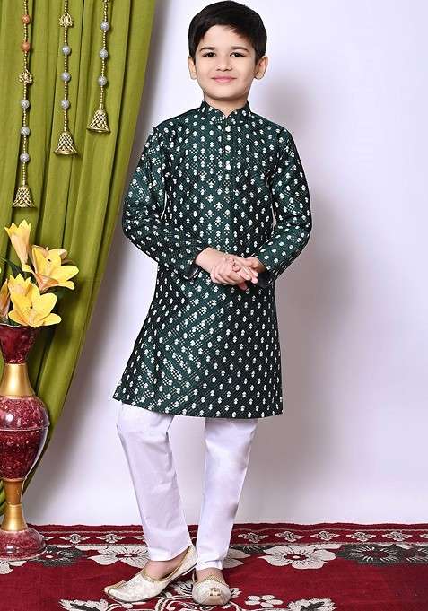 Green Printed Silk Kurta Set For Boys