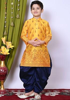 Yellow Printed Silk Kurta Set For Boys