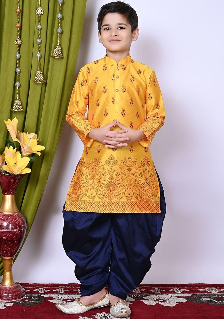Yellow Printed Silk Kurta Set For Boys - Indya