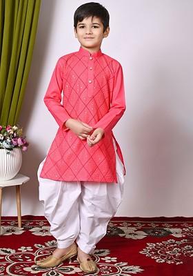 Orange Embroidered Blended Kurta Set For Boys