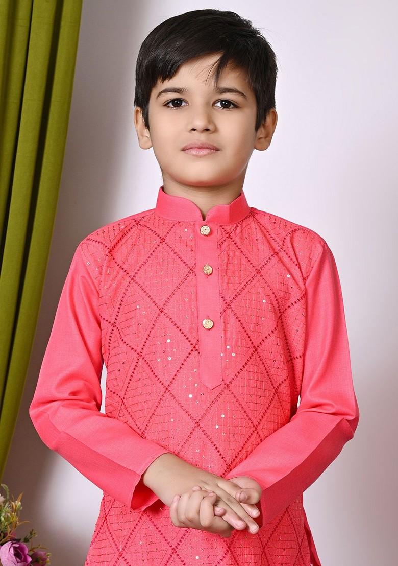 Orange Embroidered Blended Kurta Set For Boys - Indya