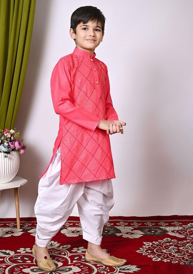 Orange Embroidered Blended Kurta Set For Boys - Indya