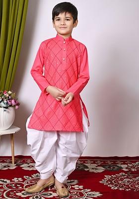 Pink Embroidered Blended Kurta Set For Boys