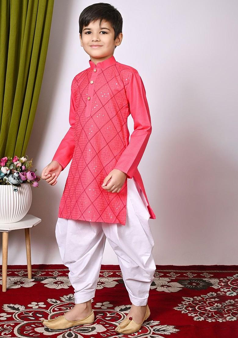 Pink Embroidered Blended Kurta Set For Boys - Indya