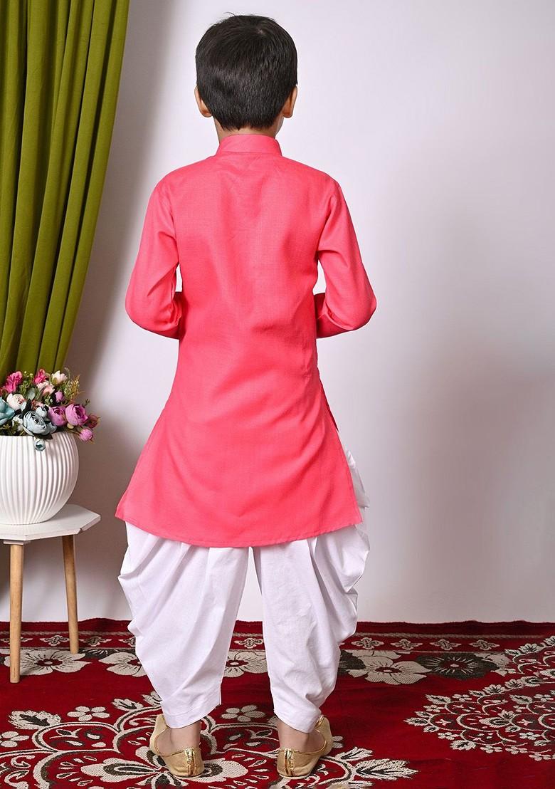 Pink Embroidered Blended Kurta Set For Boys - Indya