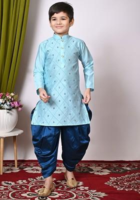 Turquoise Blue Embroidered Silk Kurta Set For Boys