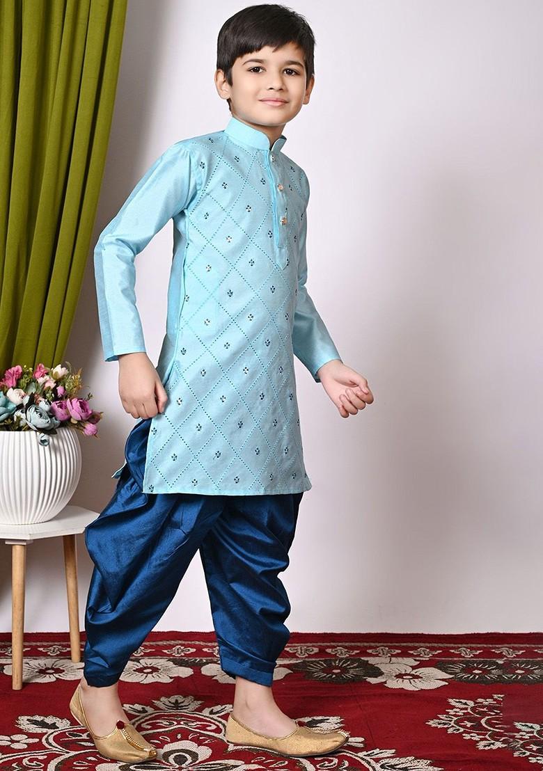Turquoise Blue Embroidered Silk Kurta Set For Boys - Indya