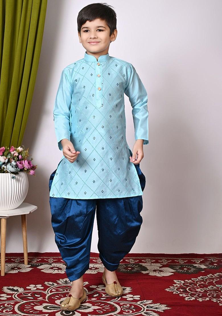 Turquoise Blue Embroidered Silk Kurta Set For Boys - Indya