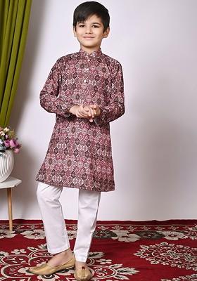 Pink Embroidered Blended Kurta Set For Boys