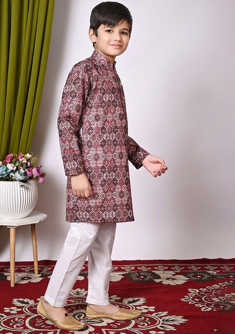 Pink Embroidered Blended Kurta Set For Boys - Indya