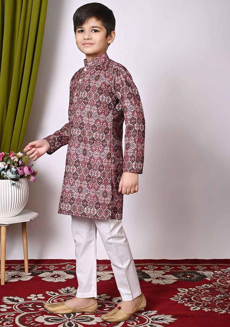 Pink Embroidered Blended Kurta Set For Boys - Indya