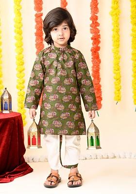 Green Printed Cotton Kurta Dhoti Set For Boys