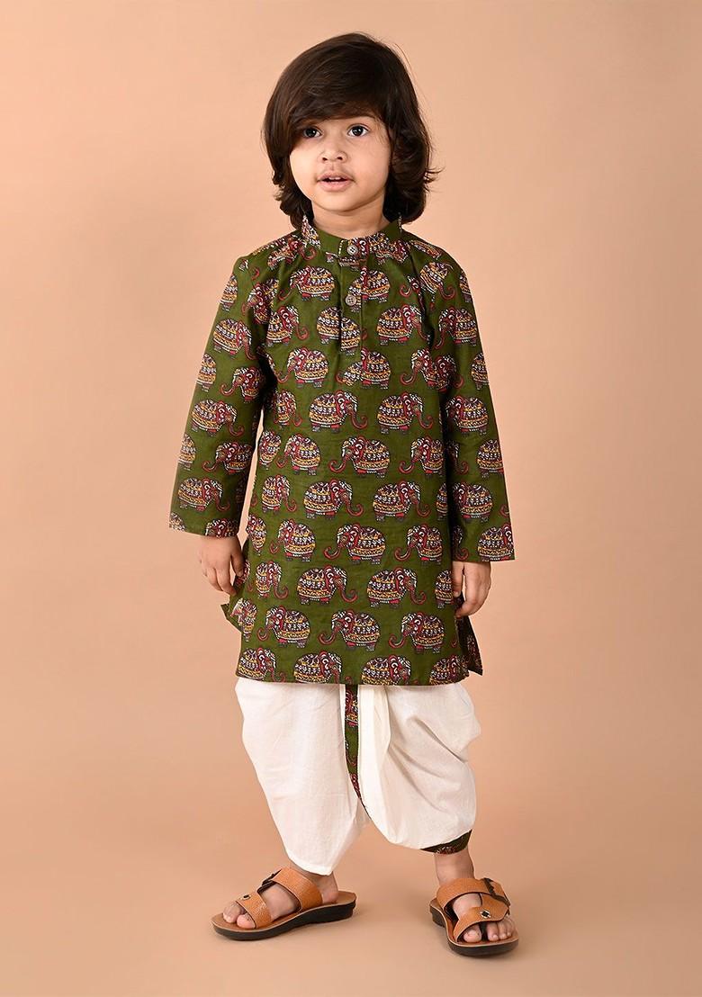 Green Printed Cotton Kurta Dhoti Set For Boys - Indya