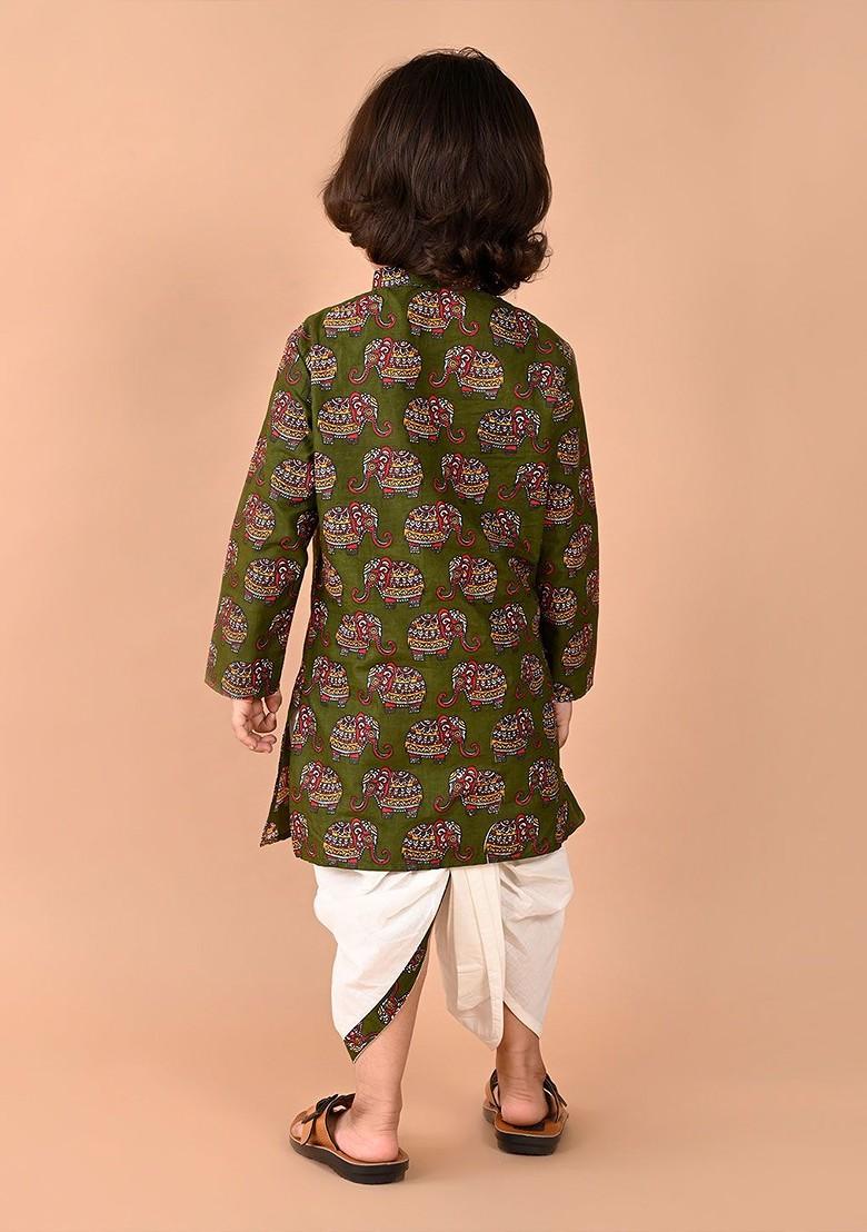 Green Printed Cotton Kurta Dhoti Set For Boys - Indya