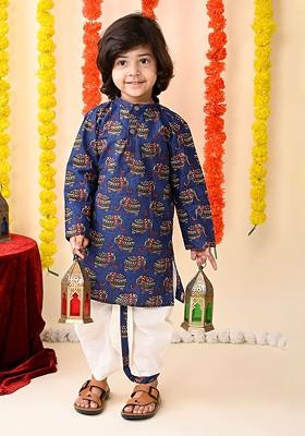 Blue Printed Cotton Kurta Dhoti Set For Boys
