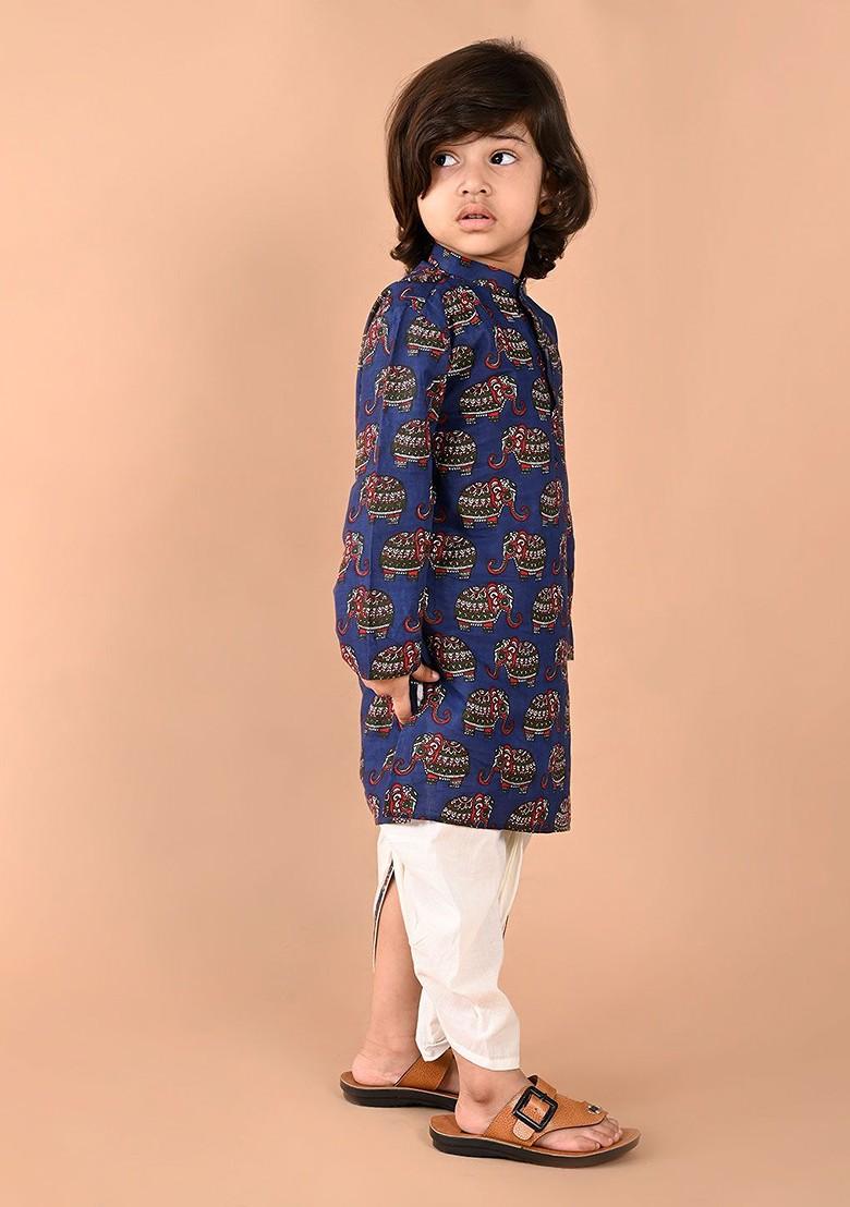 Blue Printed Cotton Kurta Dhoti Set For Boys - Indya