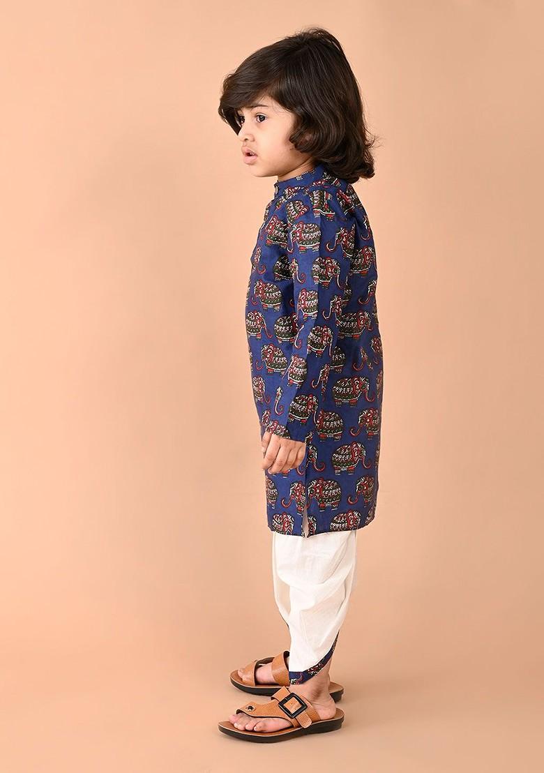 Blue Printed Cotton Kurta Dhoti Set For Boys - Indya