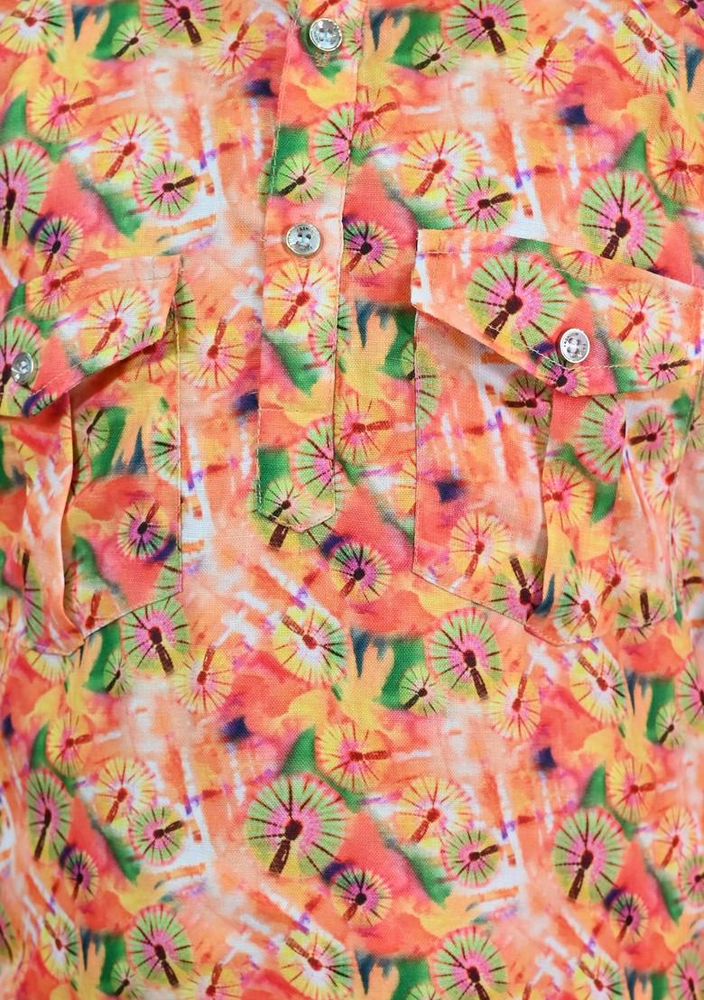 Orange Printed Blended Kurta Set For Boys - Indya
