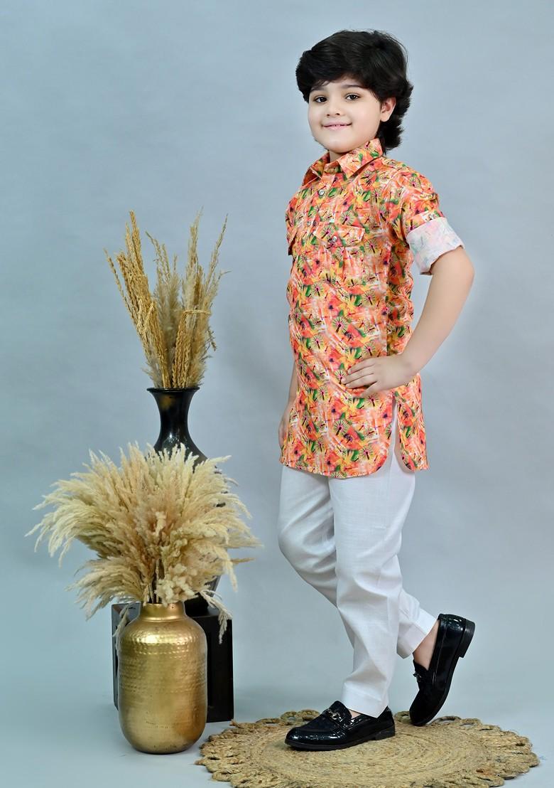 Orange Printed Blended Kurta Set For Boys - Indya