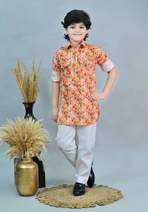 Orange Printed Blended Kurta Set For Boys