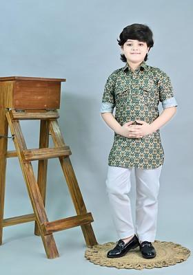 Green Printed Blended Kurta Set For Boys
