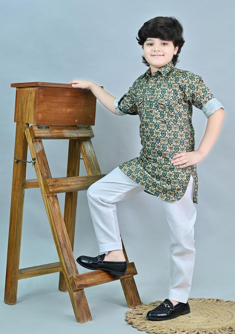 Green Printed Blended Kurta Set For Boys - Indya