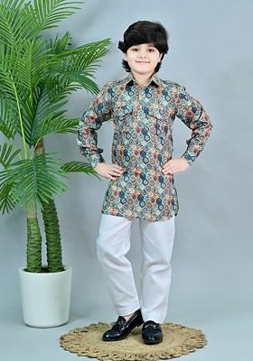 Teal Printed Blended Kurta Set For Boys