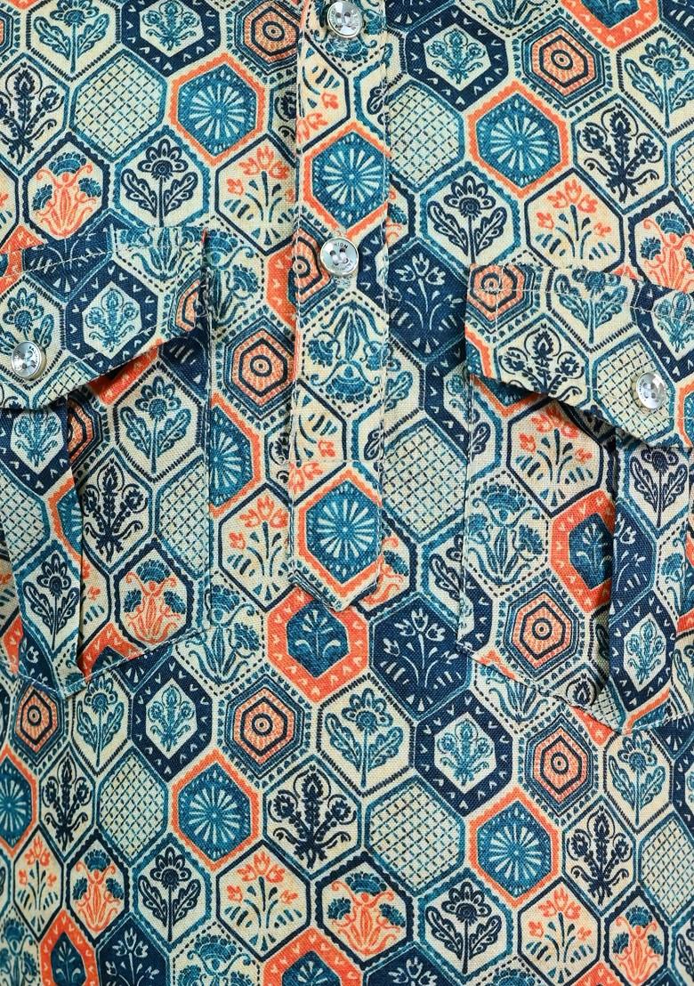 Teal Printed Blended Kurta Set For Boys - Indya