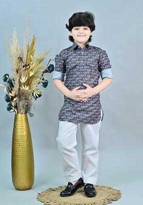 Turquoise Blue Printed Blended Kurta Set For Boys