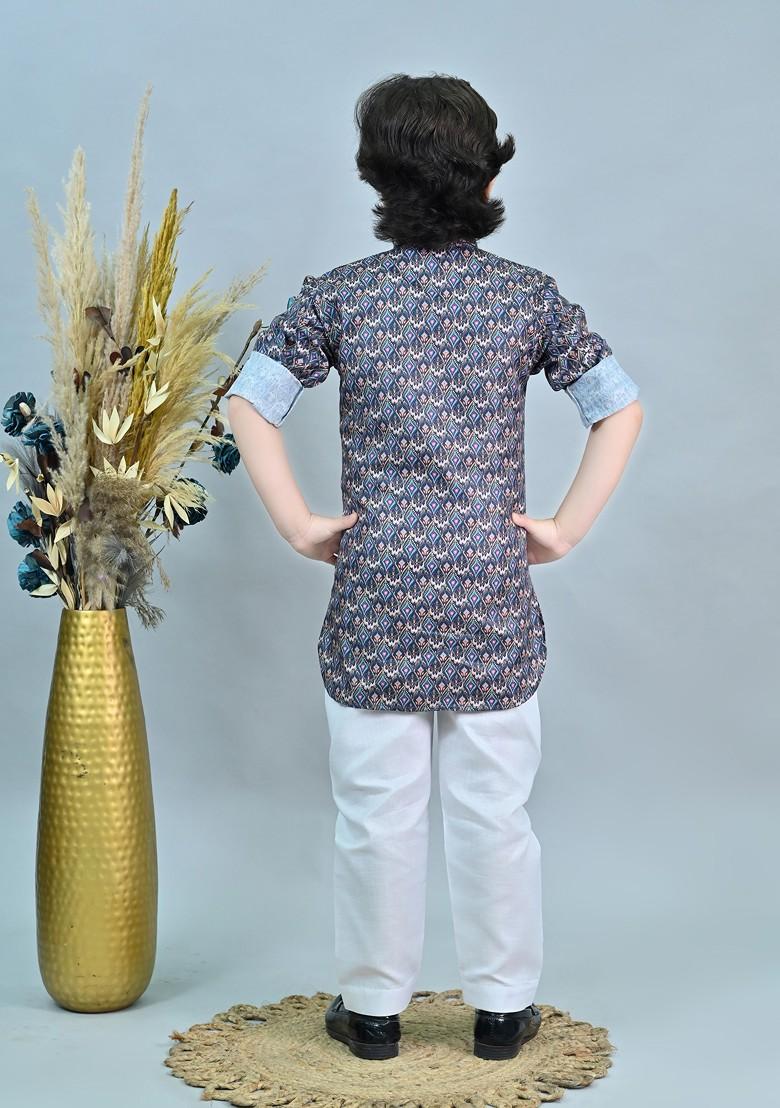 Turquoise Blue Printed Blended Kurta Set For Boys - Indya