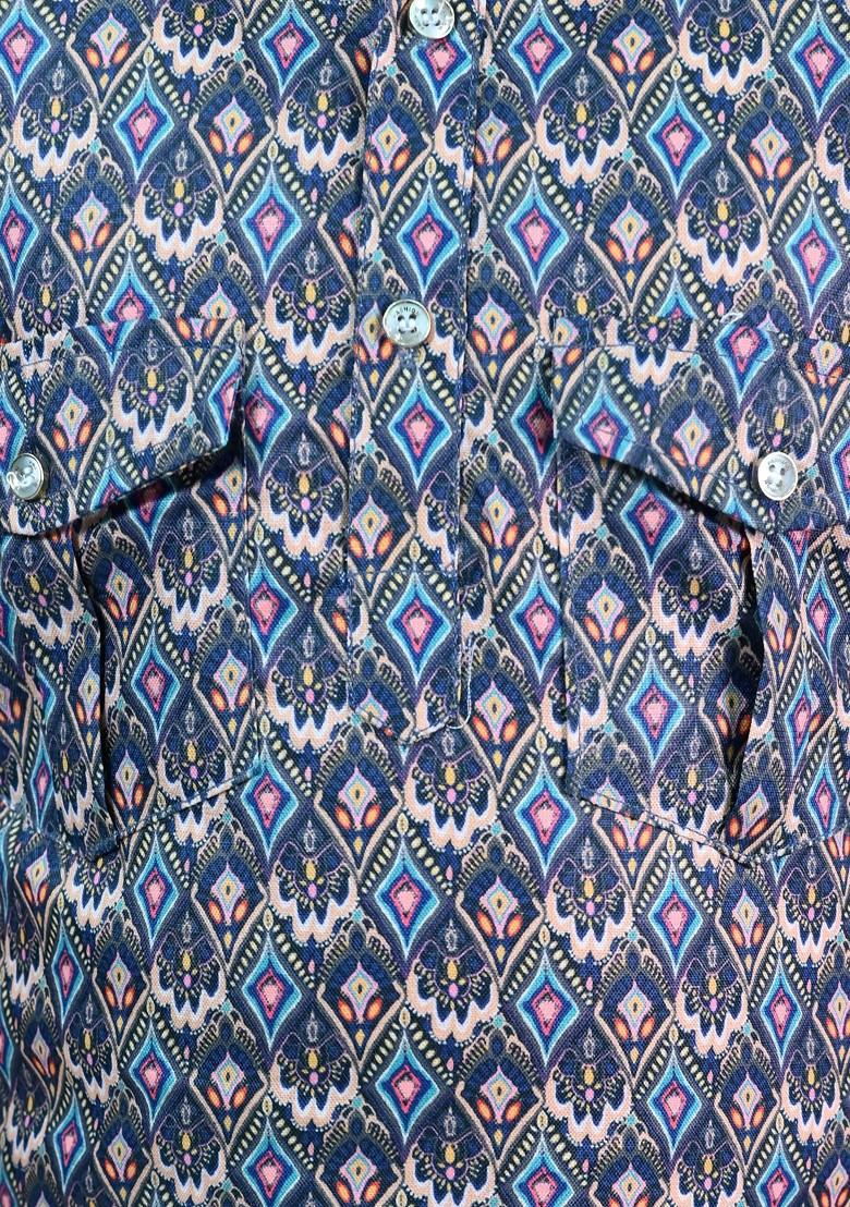 Turquoise Blue Printed Blended Kurta Set For Boys - Indya