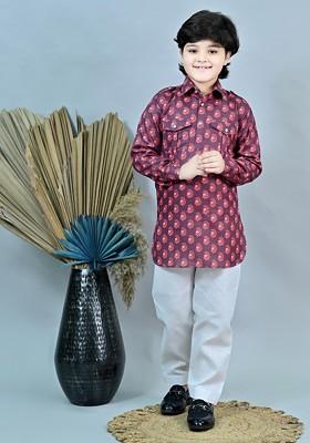 Maroon Printed Blended Kurta Set For Boys