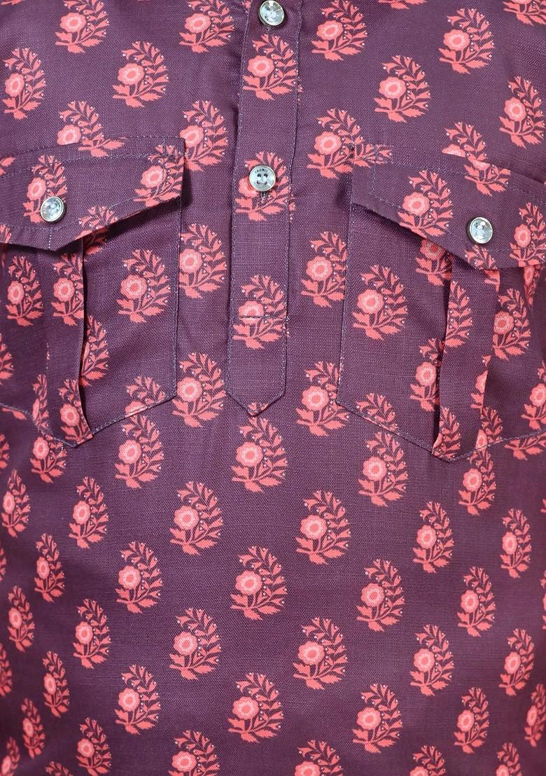 Maroon Printed Blended Kurta Set For Boys - Indya