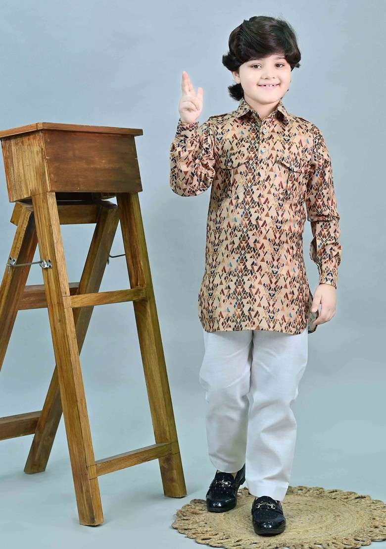 Khaki Printed Blended Kurta Set For Boys - Indya